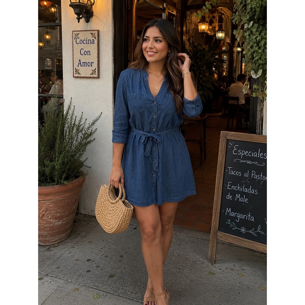 Banana Republic Women's Blue Lyocell Chambray Denim Button Dress Tie Waist 14